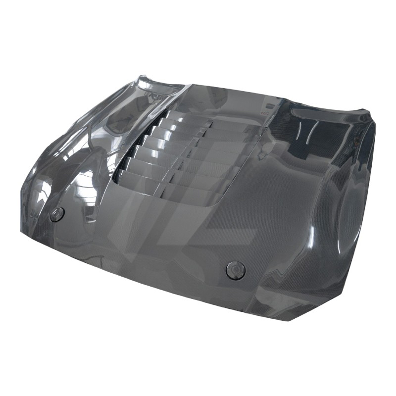 Vista laterale del cofano nero in fibra di carbonio della Mustang GT500 - ICOOH